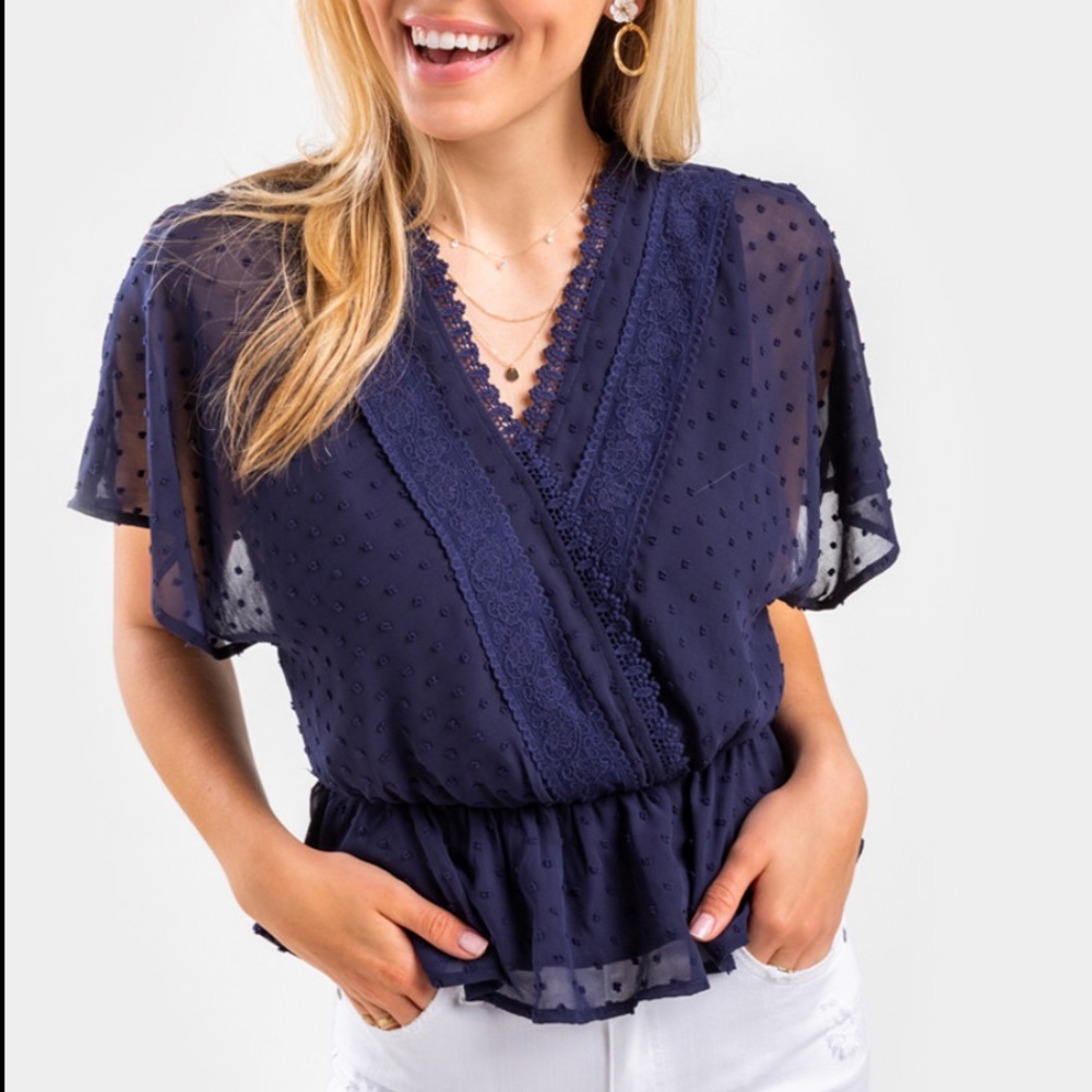 Francesca’s navy small Lillian Swiss Dot Blouse! In perfect condition, so cute!